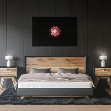 a bedroom with a bed, nightstands and a painting on the wall related to Galaxy Bed Set For Deep Night Sky Nightscape