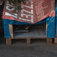 A cat shelter made from wooden pallets and covered with tarps, providing warmth and protection for street cats. Inside, a cat is seen lying on a blanket in the dim light, creating a touching urban scene of care and compassion. related to Purrfect Outdoor Oasis: A Guide to Choosing the Best Outdoor Cat Bed