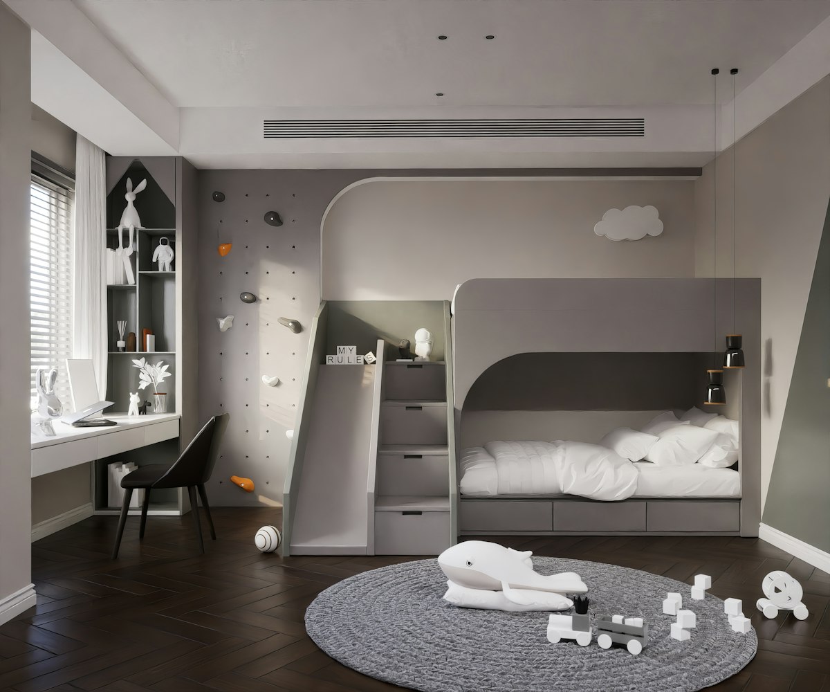 a child's bedroom with a bunk bed and toys on the floor related to Bunk Beds for Kids: Transforming Sleep Into Adventure