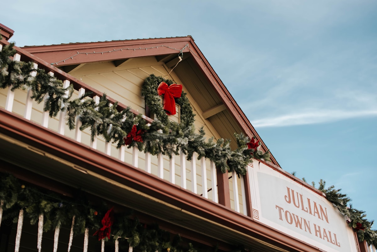 A Christmas-themed Julian Town Hall. related to Charming Retreats in Julian, CA
