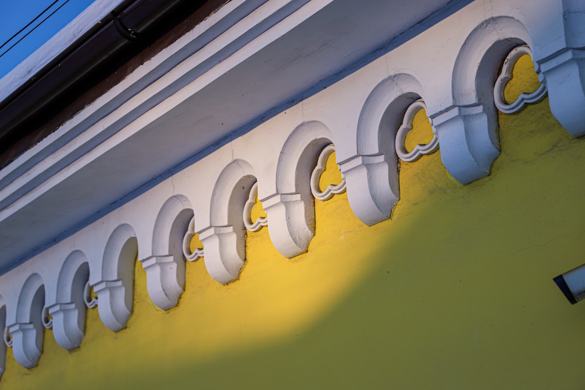 a close up of a yellow and white building related to Lime Green Valance Curtains
