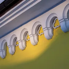 a close up of a yellow and white building related to Lime Green Valance Curtains