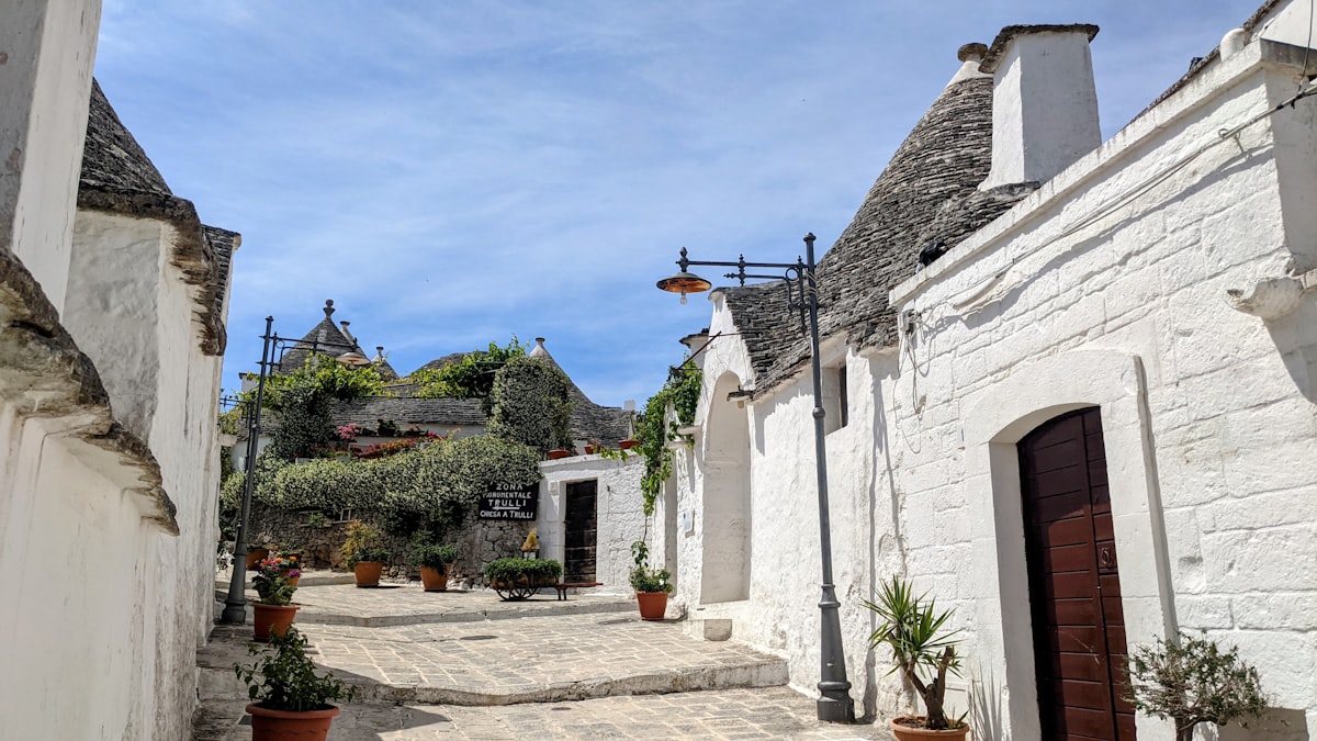 a cobblestone street with potted plants on either side related to Charming Stays in Taos