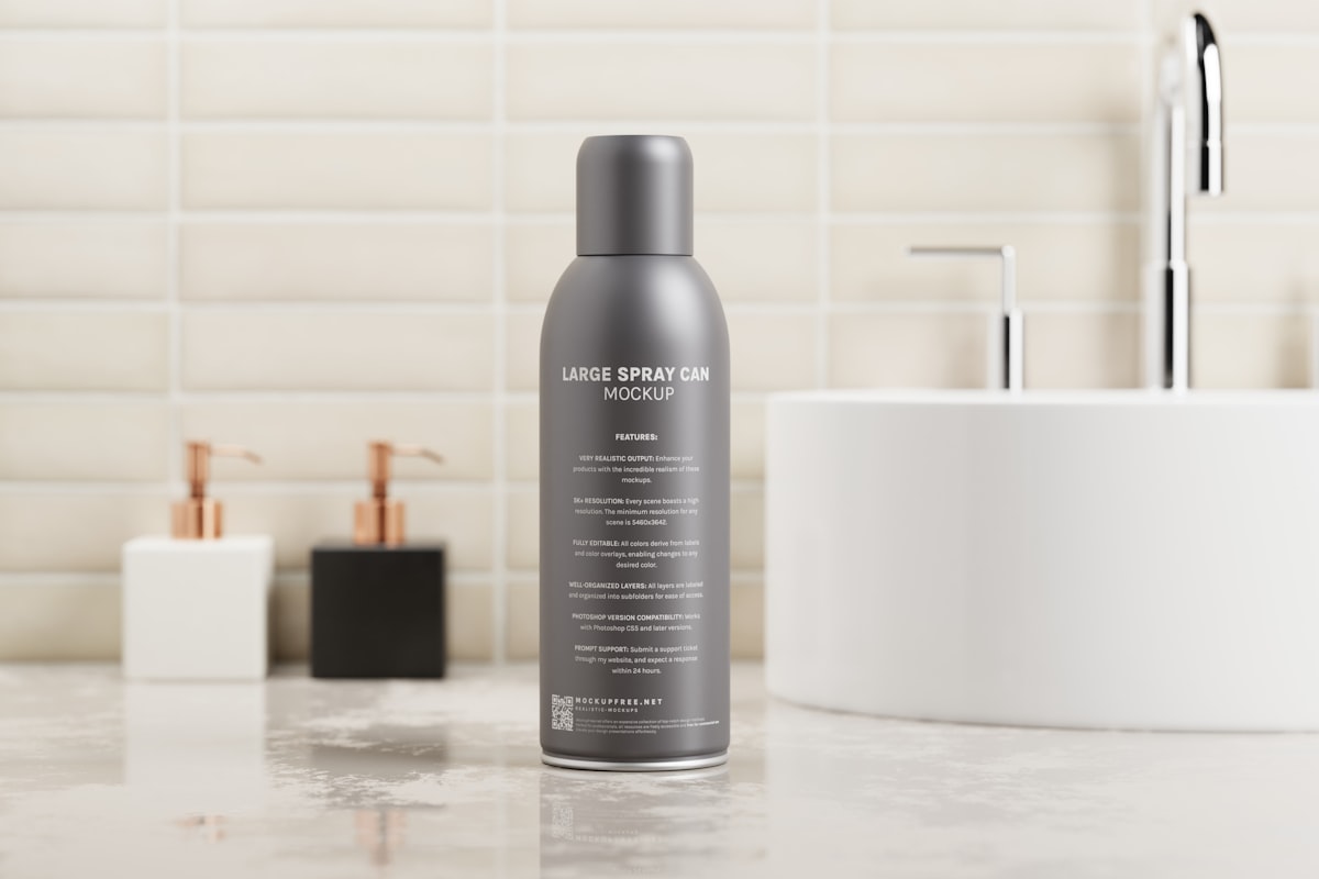 A cosmetic spray can mockup set featuring a large size spray can with a small cap and curved body. Download free PSD mockups from https://mockupfree.net related to Ultimate Guide to Bed Head Hairspray