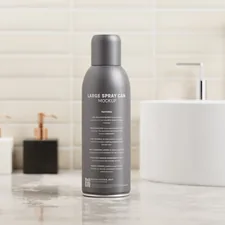 A cosmetic spray can mockup set featuring a large size spray can with a small cap and curved body. Download free PSD mockups from https://mockupfree.net related to Ultimate Guide to Bed Head Hairspray