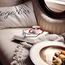 A cozy sofa with a pillow, book, teacup, and fruit. related to The Versatility of a Day Bed: Transforming Your Space