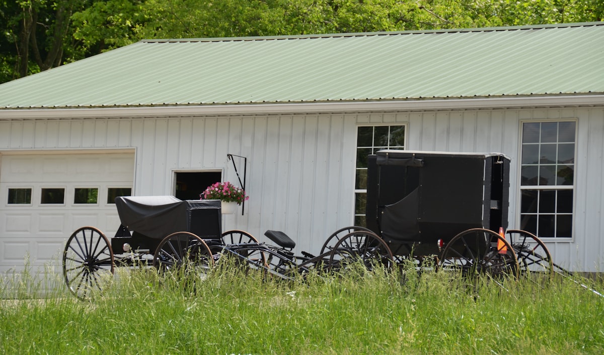 a horse drawn carriage parked in front of a white building related to Charming Getaways in Pennsylvania Countryside