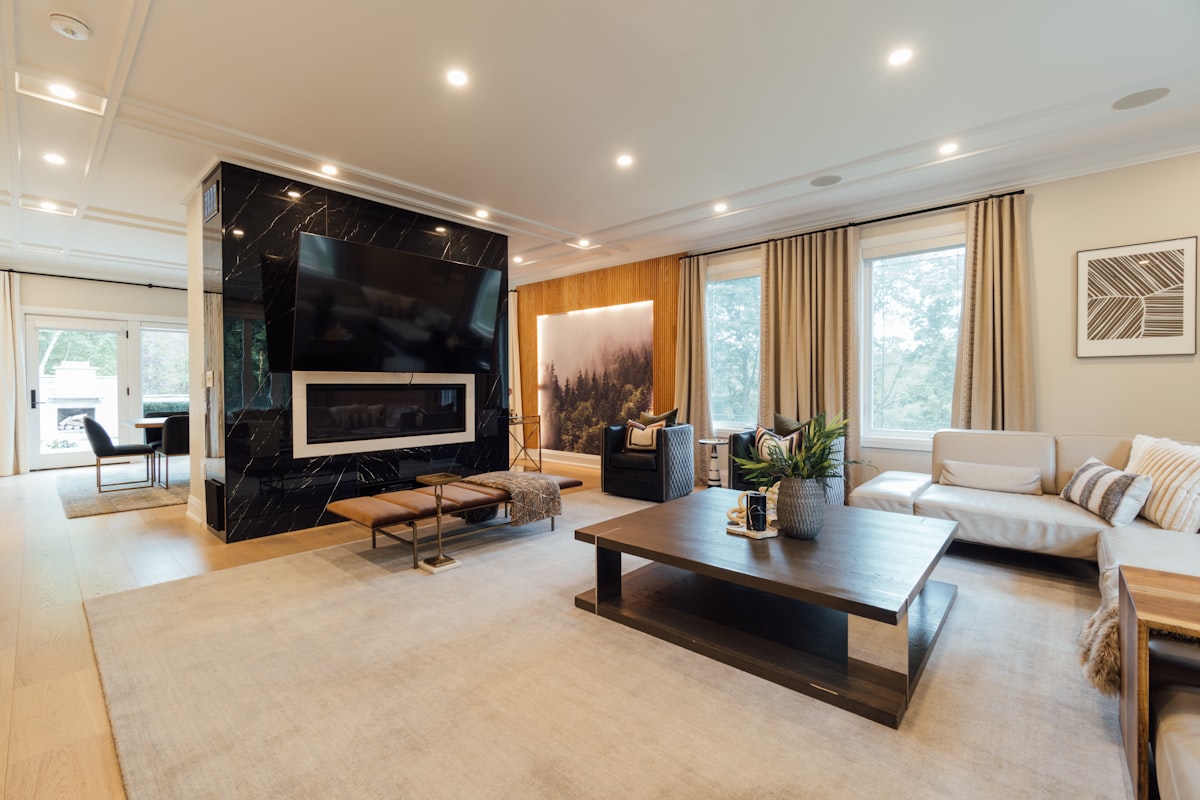a living room with a couch, coffee table and television related to Valances for Living Room