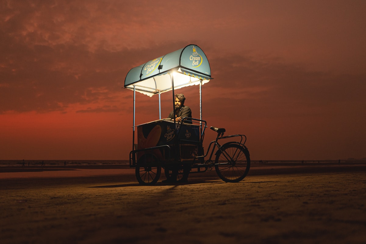 a person riding a bicycle with an umbrella on the back related to The Ultimate Guide to Pedicraft Canopy Beds: Where Function Meets Fantasy