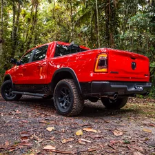 A red truck parks amidst a lush forest. related to Top Bed Covers for Ram 1500: Ultimate Guide for Style and Protection