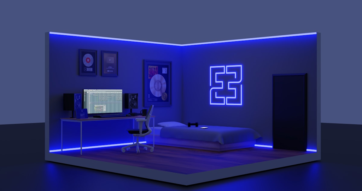 a room with a bed and a desk related to Elevate Your Space with a Blue Window Valance