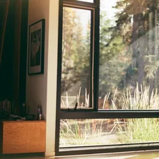 a room with a view of a forest outside the window related to Elevate Your Windows with Custom Wood Cornice Valance