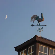 a rooster weather vane on top of a roof related to The Blue Rooster Chiminea: A Statement Piece for Your Backyard