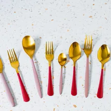 a set of five gold and red forks and spoons related to Stylish Red Kitchen Valances to Brighten Your Space