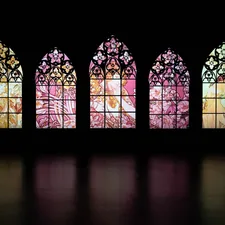 a set of four stained glass windows in a dark room related to Floral Window Valances