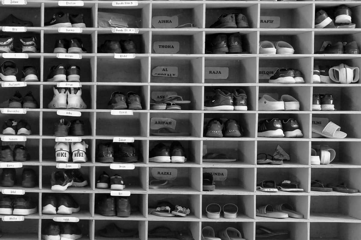 A shelf filled with lots of pairs of shoes related to Stylish Shoe Storage Solutions: Shoe Trays for Your Entryway