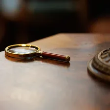 A small brass-rimmed magnifying glass with red handle rests on a worn wooden surface, with the gilded base of an antique lamp behind. Cozy detective-themed still life. related to Discovering Charm: A Closer Look at Waverly Garden Images Valance