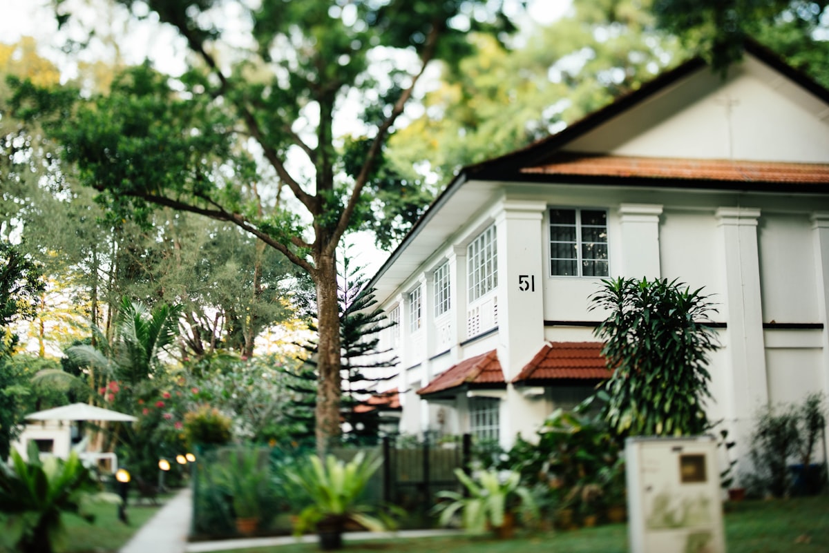 a white house with a red roof surrounded by trees related to Discover the Charm of Amber House Bed & Breakfast