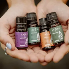 a woman holding four bottles of essential oils in her hands related to Does Peppermint Oil Repel Bed Bugs? The Truth Behind the Myth
