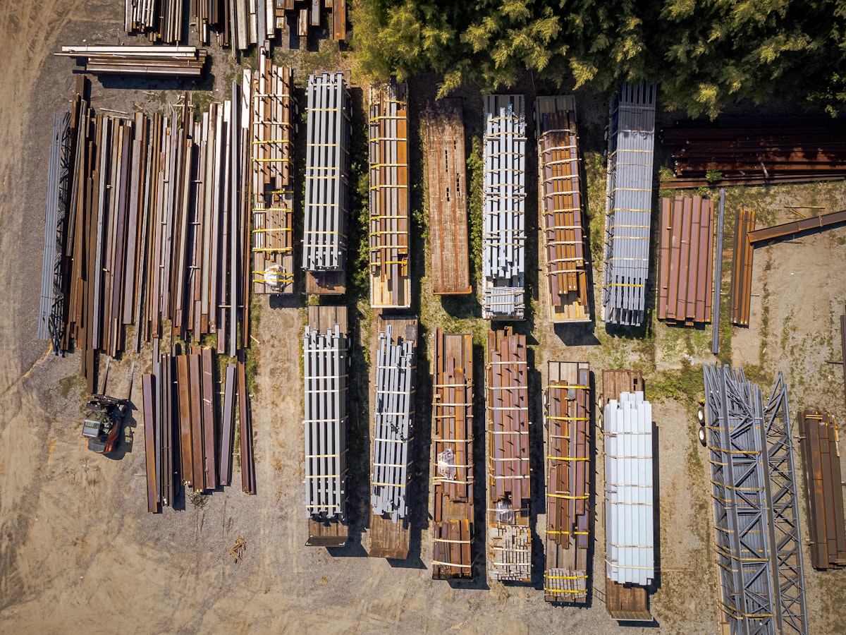 Aerial view of a concrete manufacturing facility. related to Maximizing Efficiency with Steel Flatbed Truck Beds