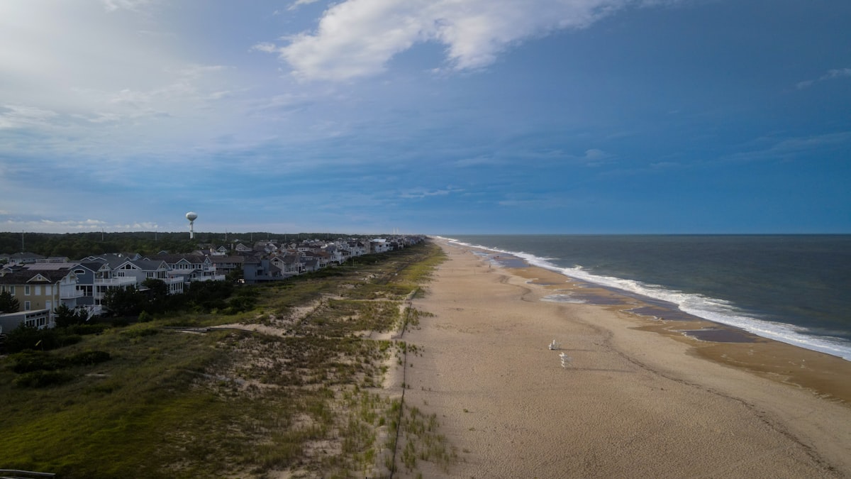an aerial view of a beach with houses and a hot air balloon in the distance related to Exploring the Bed Bath and Beyond Experience in Delaware