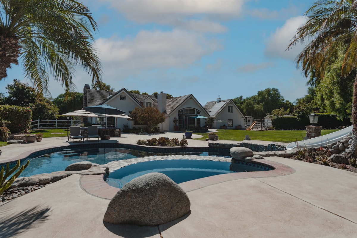 Backyard photo of large California home. related to Craft Your Backyard Paradise: Building a Majestic Chiminea