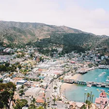 bird's-eye view of marina near mountains related to Discovering Paradise at a Bed and Breakfast on Catalina Island