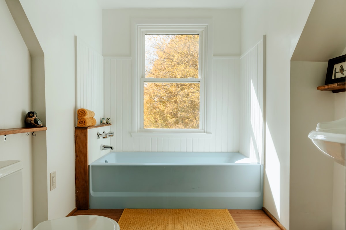 Blue tub (IG: @clay.banks) related to Small Window Bathroom Valances