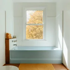 Blue tub (IG: @clay.banks) related to Small Window Bathroom Valances