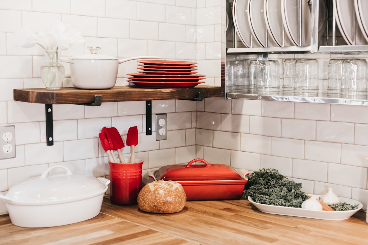 brown wooden shelf related to Elevate Your Kitchen with Red Kitchen Curtains and Valances