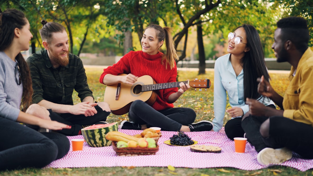 Charming young woman is playing the guitar sitting on blanket with friends on picnic, girls and guys are clapping hands and listening to music. Fun, millennials and nature concept. related to Transform Your Bedroom with Musical Themes