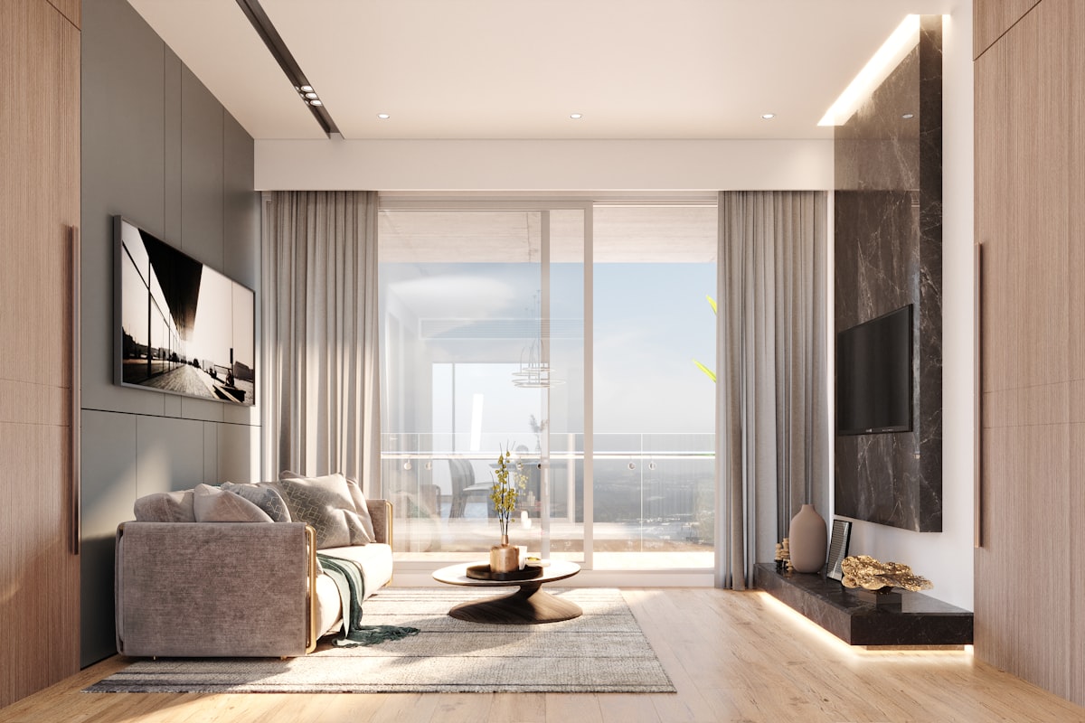 Contemporary Living Room with Modern Furniture, Elegant Lighting, and Stunning Views, Featuring a Stylish Sofa, TV Wall, and Sleek Decor related to Elegant Window Treatments with Large Window Valances