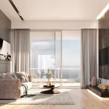 Contemporary Living Room with Modern Furniture, Elegant Lighting, and Stunning Views, Featuring a Stylish Sofa, TV Wall, and Sleek Decor related to Elegant Window Treatments with Large Window Valances
