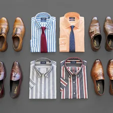 Dapper Professional flatlay of men's fashion for spring and summer items. Including, bold gingham shirts, bold stripe shirts, knit ties, and bold vertical stripe short sleeve button downs. Bold shoes include loafers and double monks. related to Transforming First Impressions: Stylish Entryway Closet Ideas