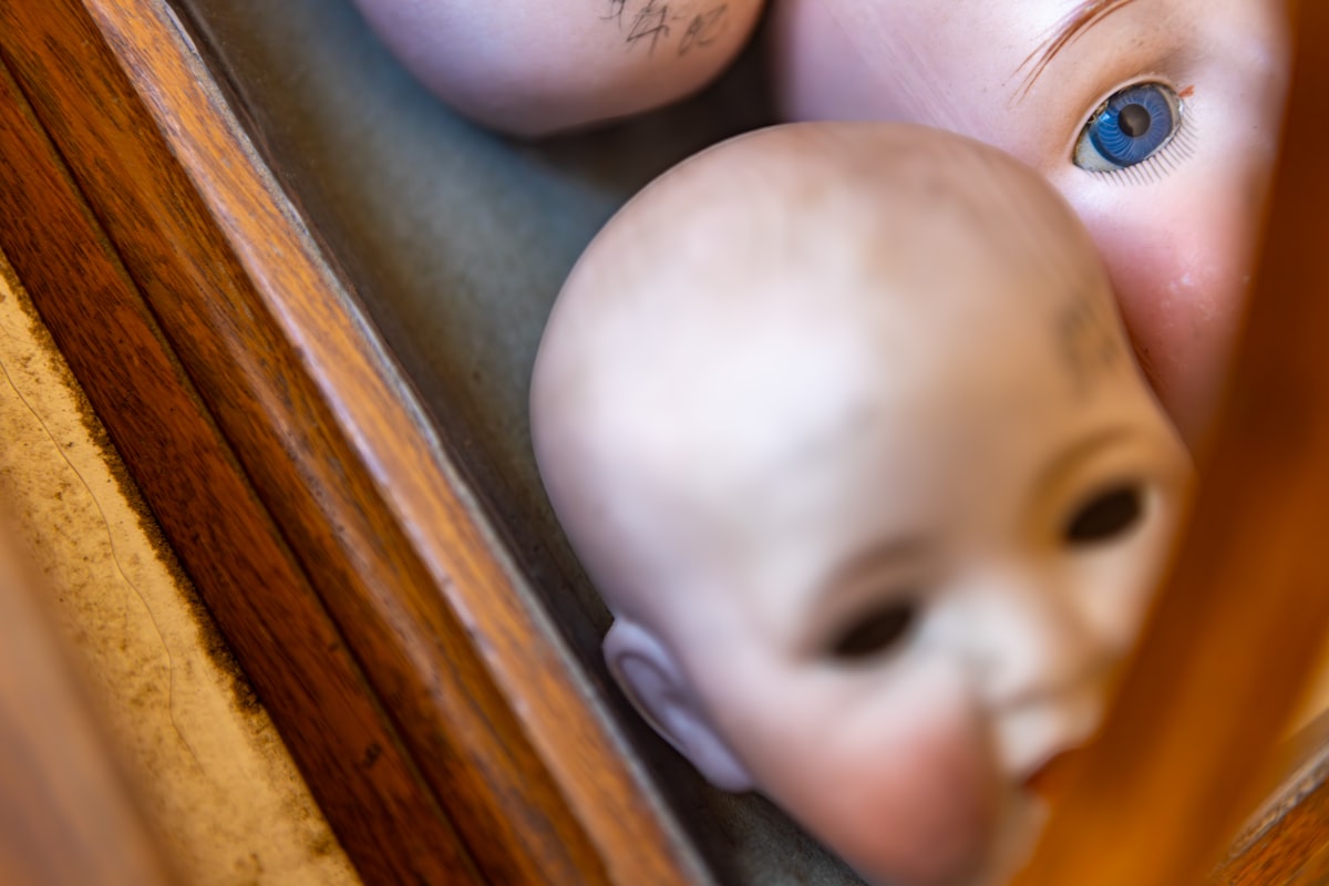 Doll heads from the 1800s still awaiting bodies in a glass chewing gum case in the historic Dry Goods store museum in Virginia City, Montana, USA in August, 2025. related to Discover the Perfect Baby Doll Bunk Beds