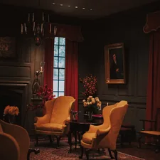 Elegant living room with yellow armchairs and fireplace. related to Elegant Living Room Drapes and Valances for a Stylish Space