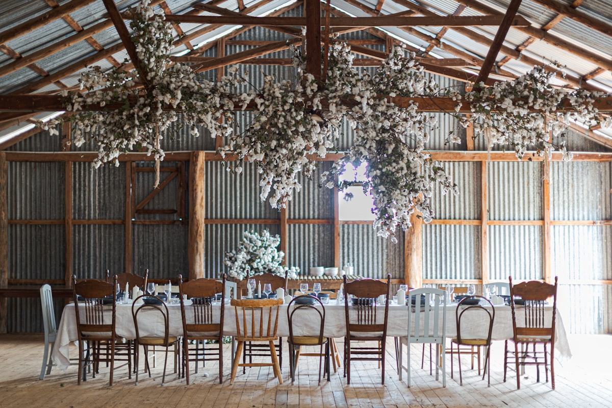 flowers, cotton foliage, table setting, cotton flower installation, floral installation, celebration, table, kinfolk related to Add Rustic Charm with Stunning Curtain Valances
