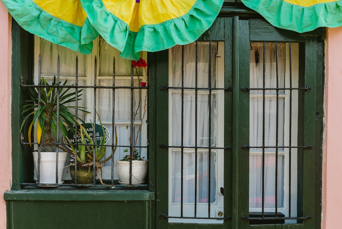 Green window with plants and ruffled fabric related to Butterfly Valance Curtains for a Delicate Touch