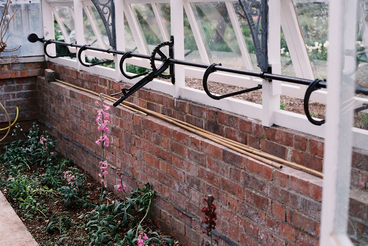 Greenhouse interior with brick wall and plants related to Efficient Gardening with Drip Irrigation for Raised Beds