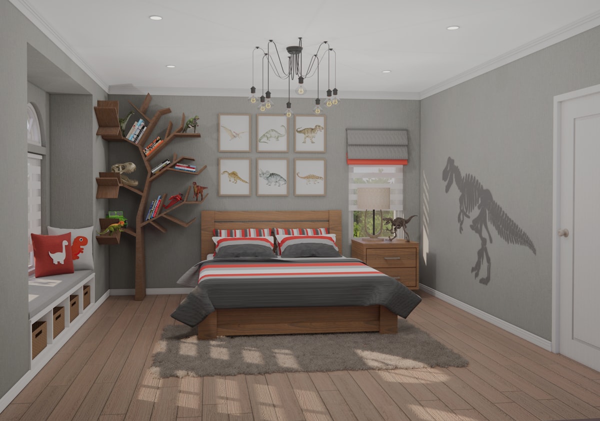 Kids bedroom design idea by Ritu Designs. This room is both functional and appealing. It can be accessorized differently as per the child's interest. PS: When crediting please say "Ritu Designs at flipNook" related to Roaring into Sweet Dreams: Circo Dinosaur Bedding for Budding Paleontologists