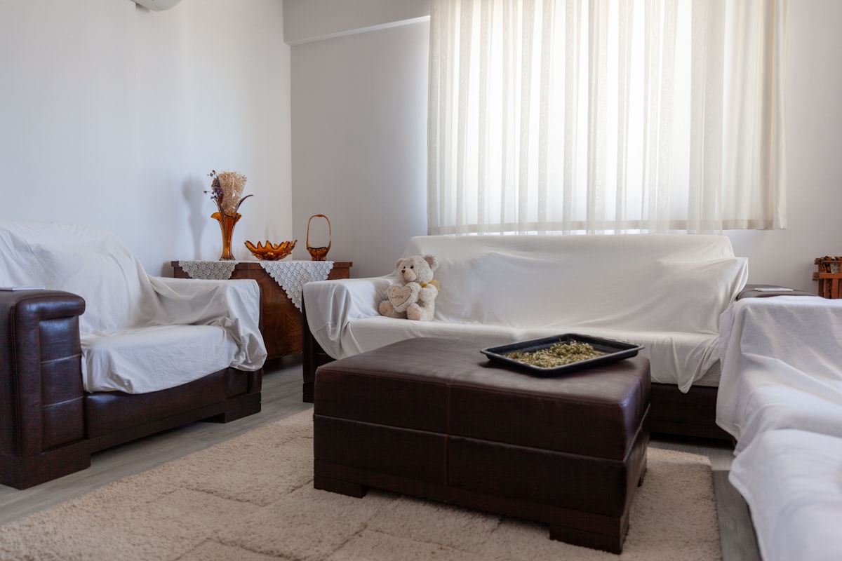 Living room with couches and ottoman related to Targeting Bed Bugs:  A Plastic Couch Cover Strategy