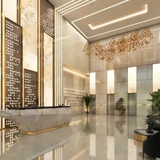 Luxurious Lobby Design with Marble Reception Desk, Gold Accents, Modern Lighting, Decorative Partition Walls, and Elegant Furnishings for a High-End Corporate Atmosphere related to Welcome Home: Inspiring Entryway Furniture Ideas