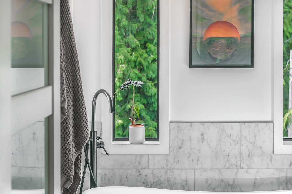 modern bathroom with a tub related to Small Window Bathroom Valances