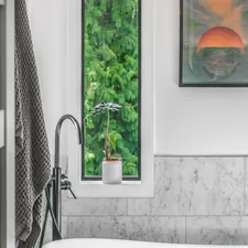 modern bathroom with a tub related to Small Window Bathroom Valances