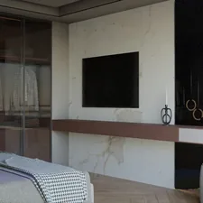 Modern bedroom with closet and wall-mounted television. related to Elevate Your Space with These Innovative Floor Bed Ideas