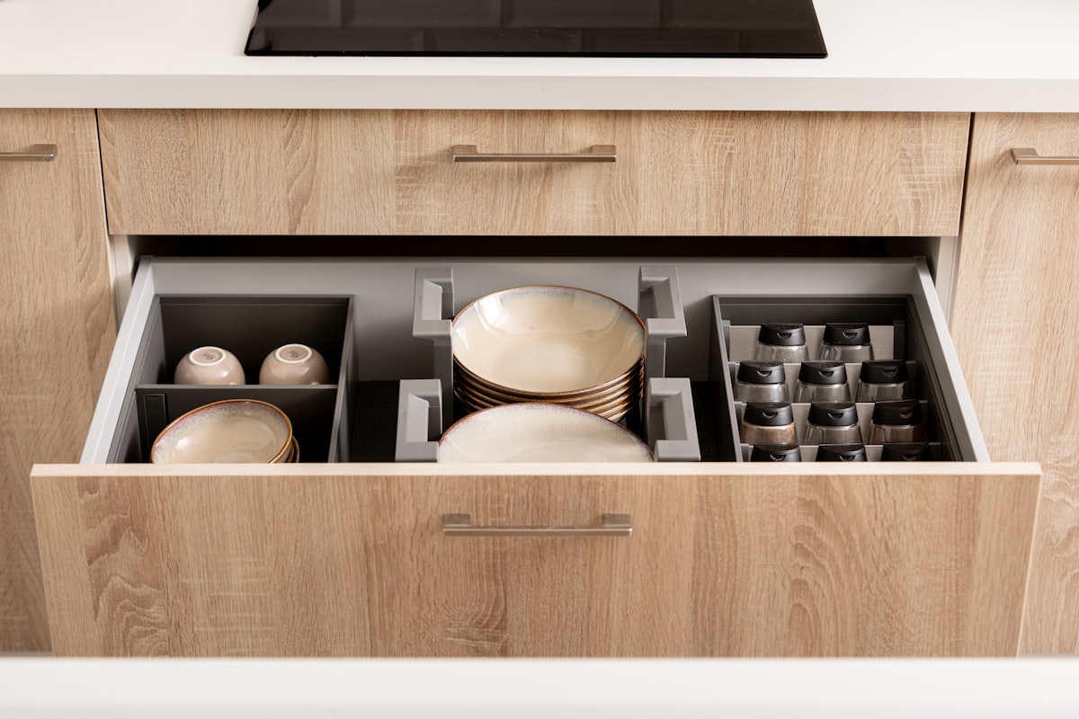 Organized kitchen drawer with plates, spices and cups in drawer organizers. related to Innovative Storage Solutions for Your Truck