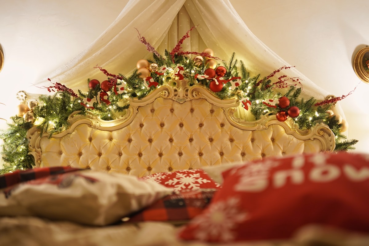 our beautiful Christmas suite, decorated with lights, colors and a Christmas tree. related to Ultimate Guide to Sleigh Bed Queen: Design and Luxurious Comfort