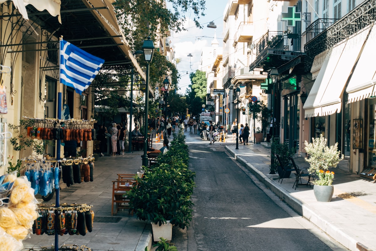 people walking on street during daytime related to Greek Key Valance