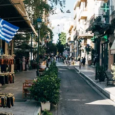 people walking on street during daytime related to Greek Key Valance