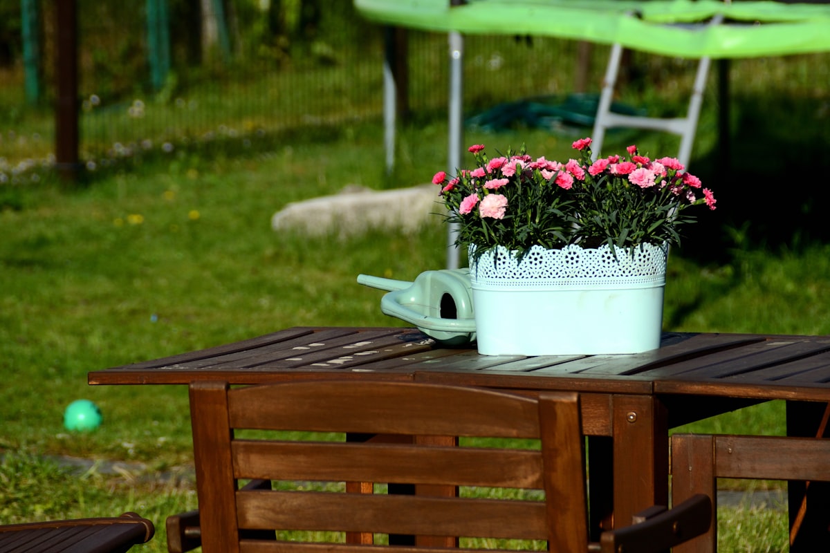 Pink flowers, watering can on wooden outdoor table. related to Transform Your Outdoor Space with a Wood Burning Chiminea: A Comprehensive Guide